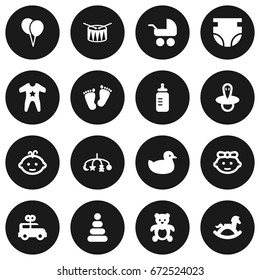 Set Of 16 Kid Icons Set.Collection Of Trace, Pram, Equine And Other Elements.
