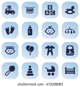 Set Of 16 Kid Icons Set.Collection Of Smock, Girl, Baby And Other Elements.