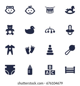 Set Of 16 Kid Icons Set.Collection Of Teat, Milk, Girl And Other Elements.