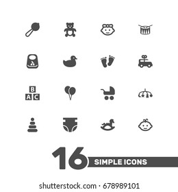 Set Of 16 Kid Icons Set.Collection Of Baby, Decoration, Trace And Other Elements.