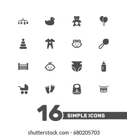 Set Of 16 Kid Icons Set.Collection Of Barrel, Girl, Trace And Other Elements.
