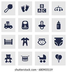 Set Of 16 Kid Icons Set.Collection Of Decoration, Teat, Bear And Other Elements.