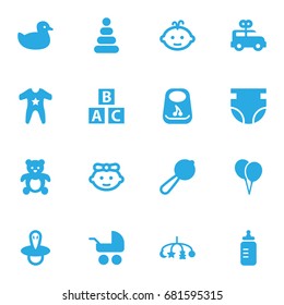 Set Of 16 Kid Icons Set.Collection Of Bus, Smock, Bear And Other Elements.