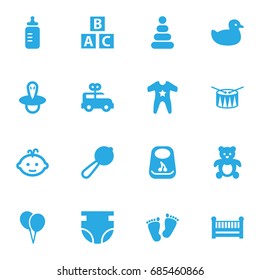 Set Of 16 Kid Icons Set.Collection Of Smock, Duck, Abc Block And Other Elements.