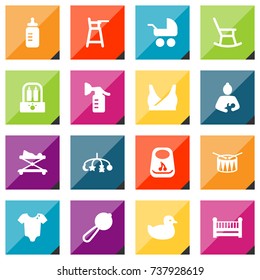 Set Of 16 Kid Icons Set.Collection Of Hangings, Stroller, Bodysuit And Other Elements.