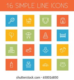 Set Of 16 Kid Outline Icons Set.Collection Of Footprints, Teddy, Toys And Other Elements.
