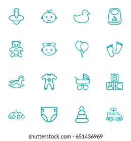 Set Of 16 Kid Outline Icons Set.Collection Of Carriage, Footprints, Bib And Other Elements.