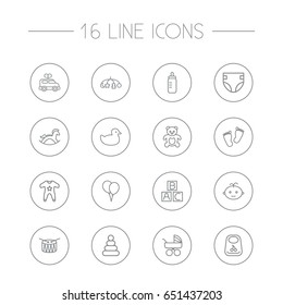 Set Of 16 Kid Outline Icons Set.Collection Of Balloons, Drum, Pyramid And Other Elements.