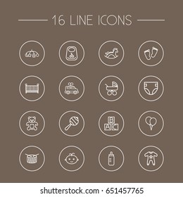 Set Of 16 Kid Outline Icons Set.Collection Of Balloons, Toys, Carriage And Other Elements.