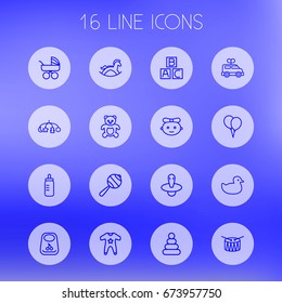 Set Of 16 Kid Outline Icons Set.Collection Of Toys, Rubber, Drum And Other Elements.