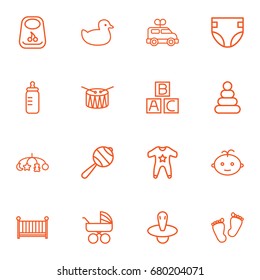 Set Of 16 Kid Outline Icons Set.Collection Of Diaper, Toys, Rubber And Other Elements.