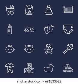 Set Of 16 Kid Outline Icons Set.Collection Of Boy, Bottle, Teddy And Other Elements.