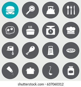 Set Of 16 Kitchen Icons Set.Collection Of Pepperoni, Eggs, Silverware And Other Elements.