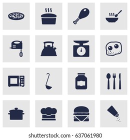 Set Of 16 Kitchen Icons Set.Collection Of Weighing Machine, Silverware, Chef Cap And Other Elements.