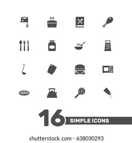 Set Of 16 Kitchen Icons Set.Collection Of Kitchen Rasp, Poultry Foot, Pepperoni And Other Elements.