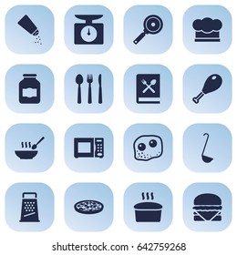 Set Of 16 Kitchen Icons Set.Collection Of Jar, Pepperoni, Electronic Oven And Other Elements.
