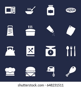 Set Of 16 Kitchen Icons Set.Collection Of Silverware, Broth, Pepperoni And Other Elements.