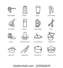 Set Of 16 Kitchen linear icons such as cookie cutter, Cooking pot, Corkscrew, crock-pot, custard cup, honey dipper, Frying pan, Flour, French press, editable stroke icon pack, pixel perfect