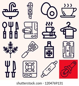 Set of 16 kitchen outline icons such as dill, cutter, sharpener, coffee, cutlery, burner, rolling pin, spatula, towels, boiled egg, sink, pizza cutter