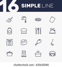 Set Of 16 Kitchen Outline Icons Set.Collection Of Jug, Grater, Ladle And Other Elements.