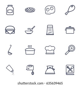 Set Of 16 Kitchen Outline Icons Set.Collection Of Chicken Leg, Pizza, Kettle And Other Elements.