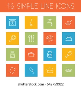 Set Of 16 Kitchen Outline Icons Set.Collection Of Ladle, Pizza, Mixer And Other Elements.