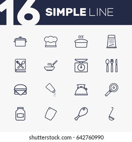 Set Of 16 Kitchen Outline Icons Set.Collection Of Cutlery, Kettle, Hamburger And Other Elements.