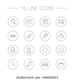 Set Of 16 Kitchen Outline Icons Set.Collection Of Bread, Microwave, Mixer And Other Elements.