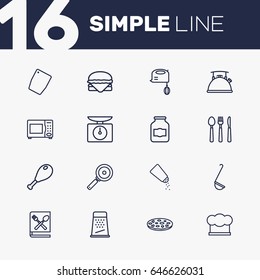 Set Of 16 Kitchen Outline Icons Set.Collection Of Jug, Chopping Board, Mixer And Other Elements.