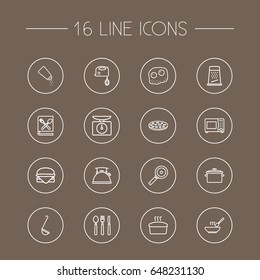 Set Of 16 Kitchen Outline Icons Set.Collection Of Hamburger, Skillet, Soup And Other Elements.
