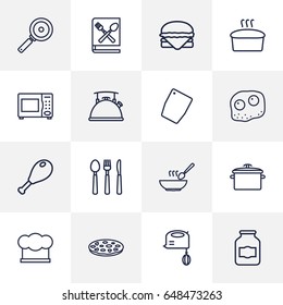 Set Of 16 Kitchen Outline Icons Set.Collection Of Microwave, Pan, Mixer And Other Elements.