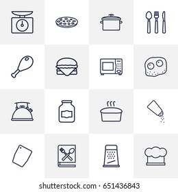 Set Of 16 Kitchen Outline Icons Set.Collection Of Chicken Leg, Pizza, Microwave And Other Elements.