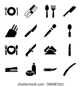 Set of 16 knife filled icons such as spoon and fork, plate fork and spoon, nail sawing, sawing, stapler