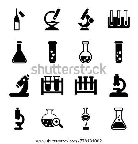 Set of 16 lab filled icons such as microscope, test tube, ampoule