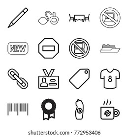 Set of 16 label outline icons such as no laptop, tag, pen, barcode, water bottle, minus, badge, coffee, restaurant table, football t shirt, chain, perfume, new, medal
