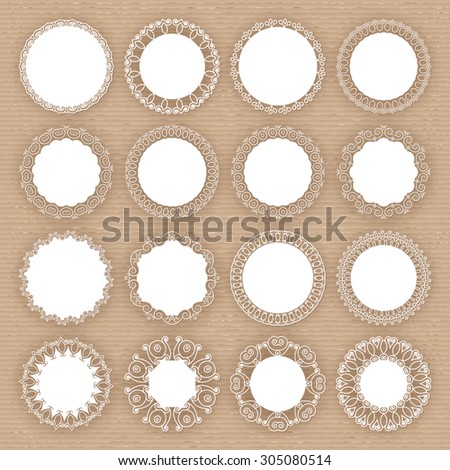 Set of 16 lacy white frames on the background with the texture of cardboard