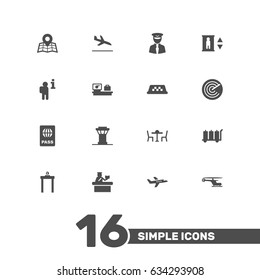 Set Of 16 Land Icons Set.Collection Of Aircraft, Metal Detector, Luggage Check And Other Elements.