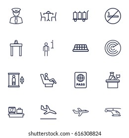 Set Of 16 Land Outline Icons Set.Collection Of Luggage Trolley, Airport Security, Elevator And Other Elements.