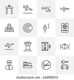 Set Of 16 Land Outline Icons Set.Collection Of Sit, Control Tower, Flight And Other Elements.