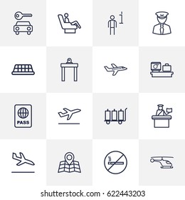 Set Of 16 Land Outline Icons Set.Collection Of Plane, Helicopter, Airport Security And Other Elements.
