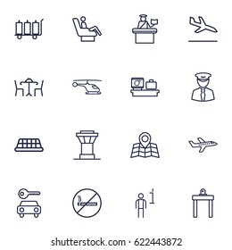 Set Of 16 Land Outline Icons Set.Collection Of Data, Passport Controller, Plane And Other Elements.