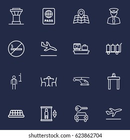 Set Of 16 Land Outline Icons Set.Collection Of Airport Security, Helicopter, Luggage Check And Other Elements.