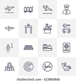 Set Of 16 Land Outline Icons.Collection Of Passport Controller, Certification, Sit And Other Elements.