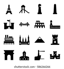  Set of 16 landmark filled icons such as castle, Coliseum, lighthouse, pyramid, bridge, Arc de Triomphe, monument