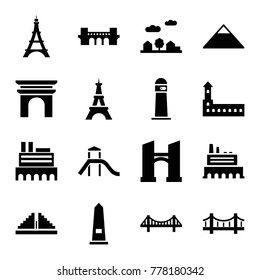 Set of 16 landmark filled icons such as castle, pyramid, bridge, eiffel tower, city landscape, chichen itza, lighthouse, arc de triomphe