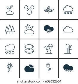 Set Of 16 Landscape Icons. Includes Love Flower, Seashell, Cloud And Other Symbols. Beautiful Design Elements.