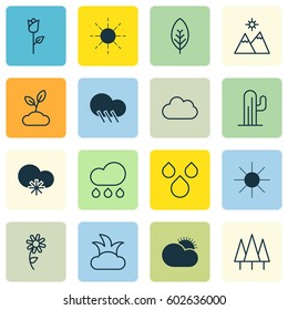 Set Of 16 Landscape Icons. Includes Raindrop, Sunshine, Forest And Other Symbols. Beautiful Design Elements.