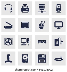 Set Of 16 Laptop Icons Set.Collection Of Peripheral, Show, Photocopy And Other Elements.