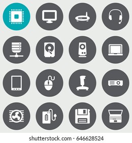 Set Of 16 Laptop Icons Set.Collection Of Laptop, Palmtop, Diskette And Other Elements.