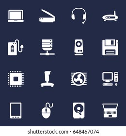 Set Of 16 Laptop Icons Set.Collection Of Microprocessor, Amplifier, Photocopy And Other Elements.